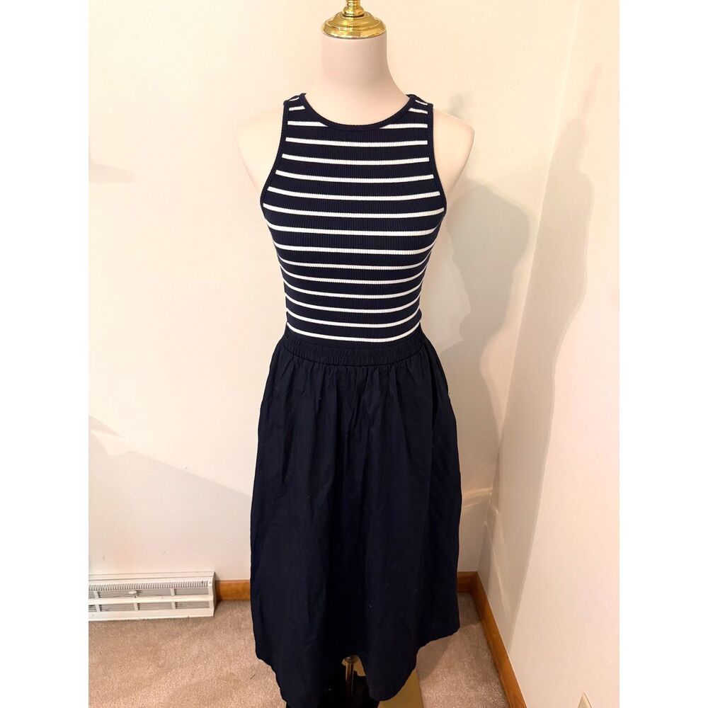 Zara Navy White Striped Ribbed Mixed Media Midi Dress Size S